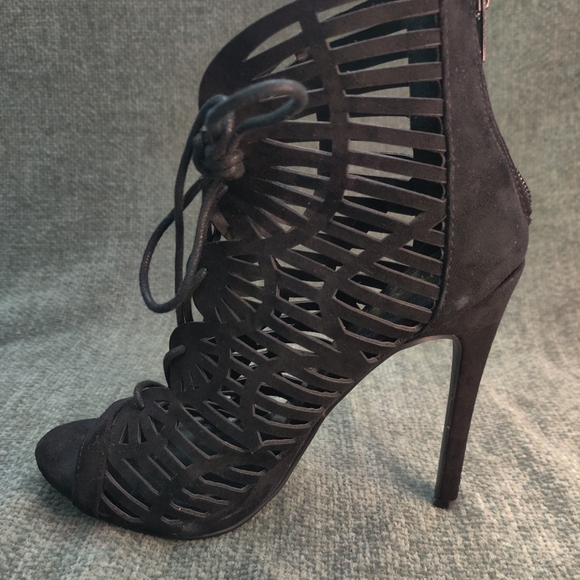 Shoedazzle Black Suede Caged Open Toe Pumps - Picture 3 of 12